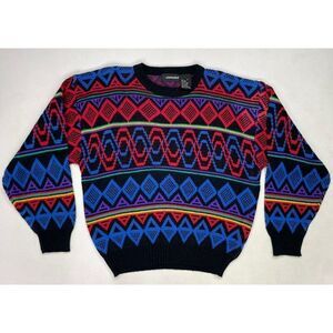 VINTAGE Edelweiss Ski Wear Knit Crewneck Sweater Men Medium Crazy Print 90s
